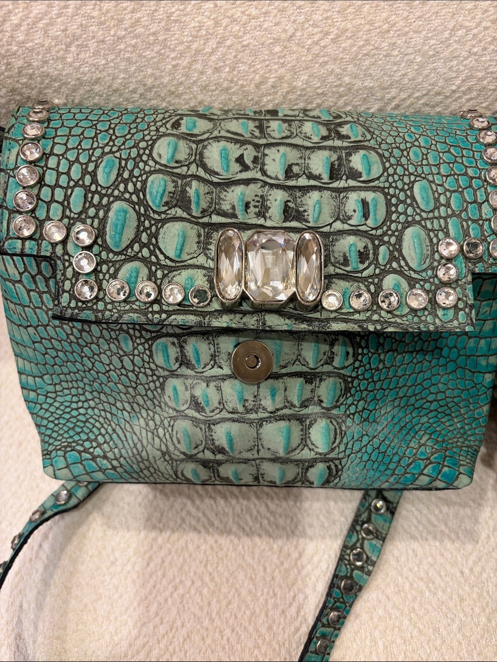 Crystal-Embellished Turquoise Croc-Embossed Crossbody Bag